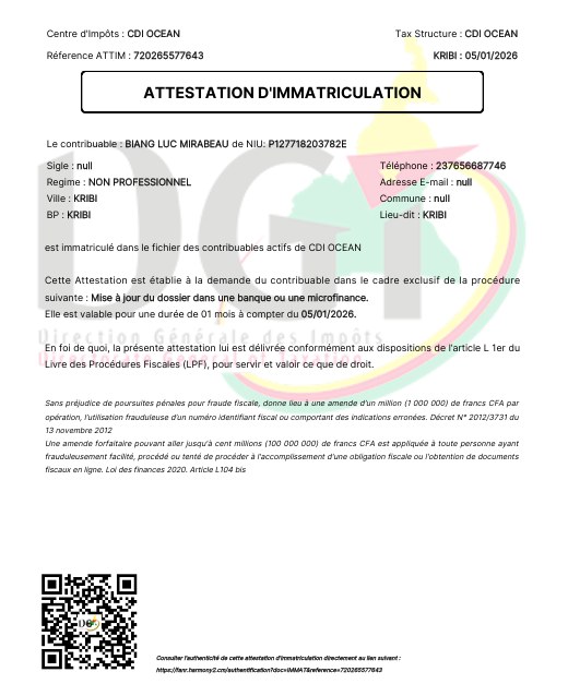 Attestation d'Immatriculation NIU — DGI Cameroun