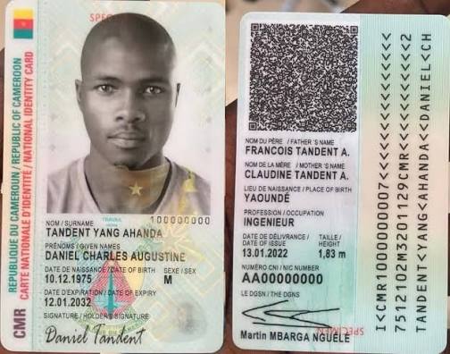 Spécimen de Carte Nationale d'Identité (CNI) camerounaise biométrique, recto et verso