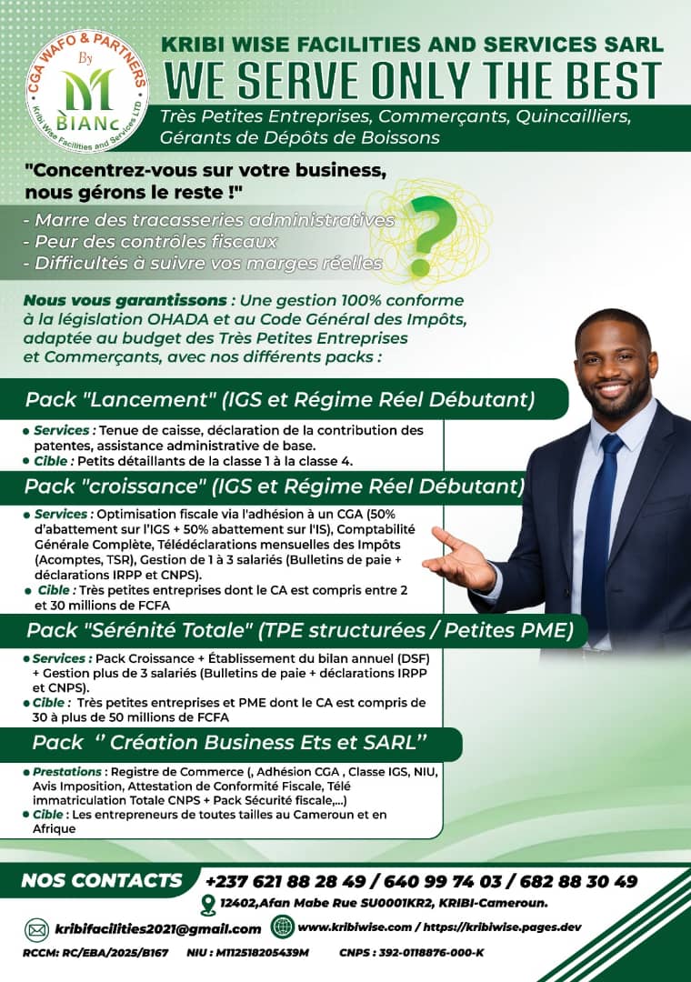 Packs d'accompagnement Kribi Wise Facilities pour TPE, commerçants et PME